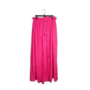 Fuschia Pink Drawstring Maxi Skirt Size Large Front Slit Flowy Button Front
